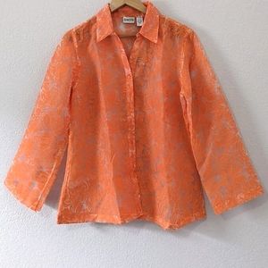 Chico's Semi-Sheer Linen Blend Floral Button Down Top, Orange